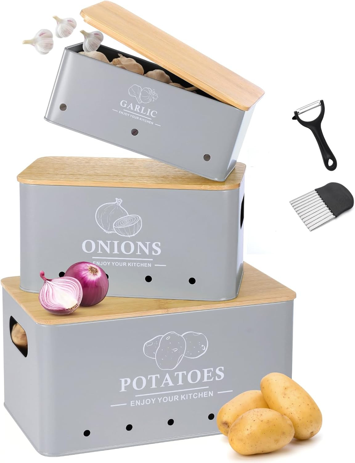 Kitchen Vegetable Storage Set of 3, Metal Onion Garlic Potato Storage Set, Kitch