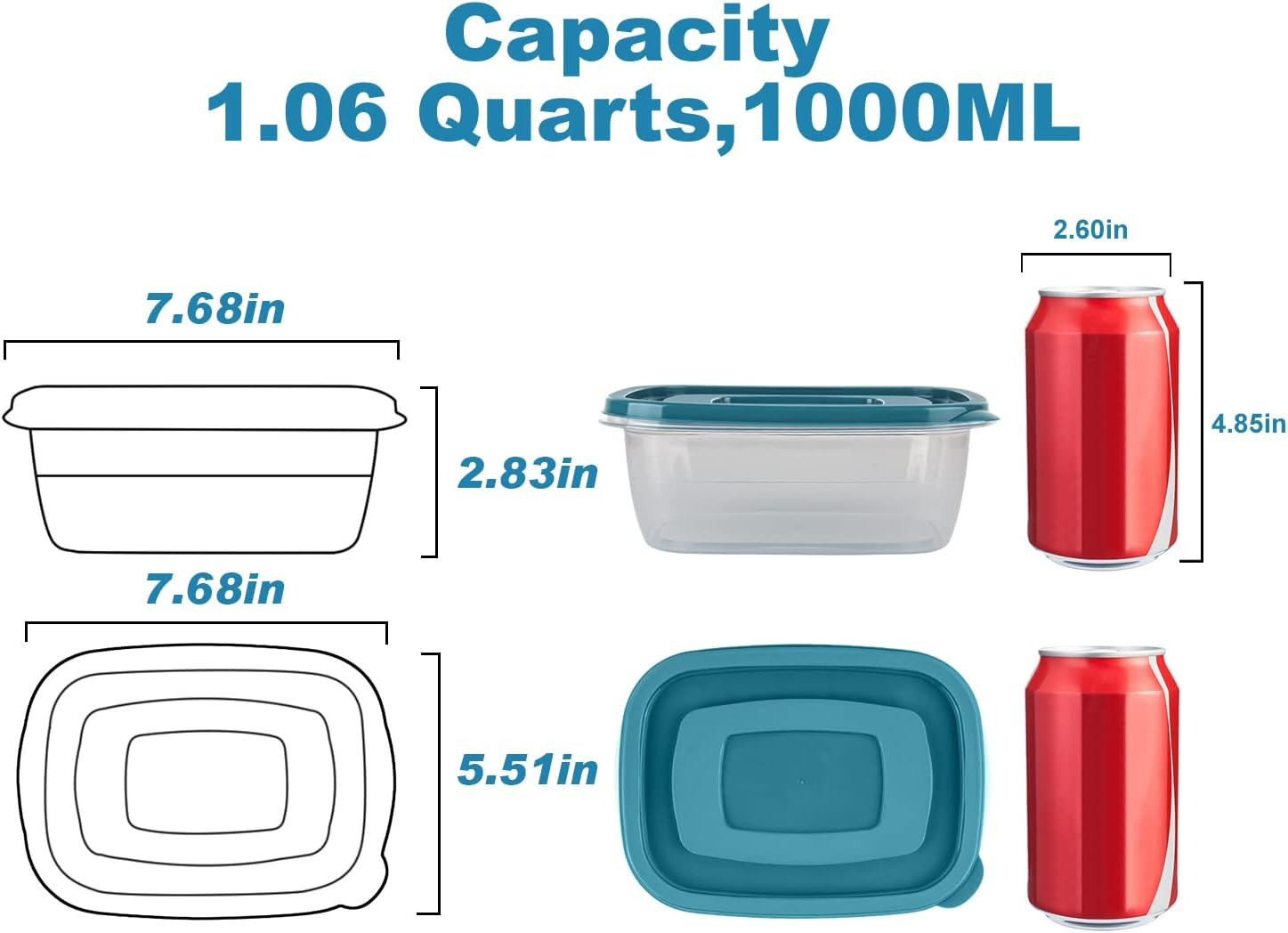 5PCS Food Containers Storage Sets(1000Ml per Box),Bpa-Free Rectangle Plastic Foo