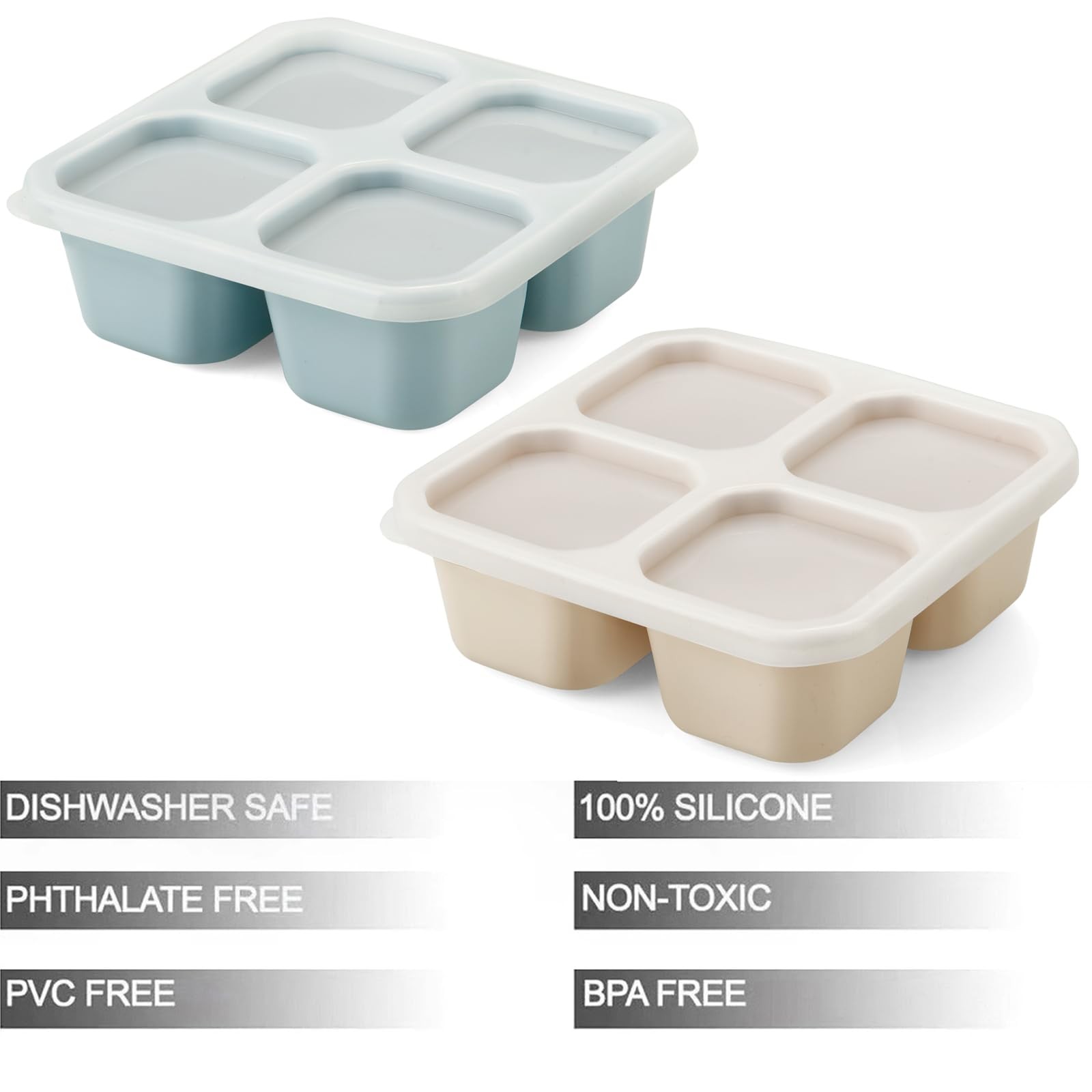 PandaEar 2 Pack Snack Containers, 4 Compartment Silicone Small, Blue&Linen