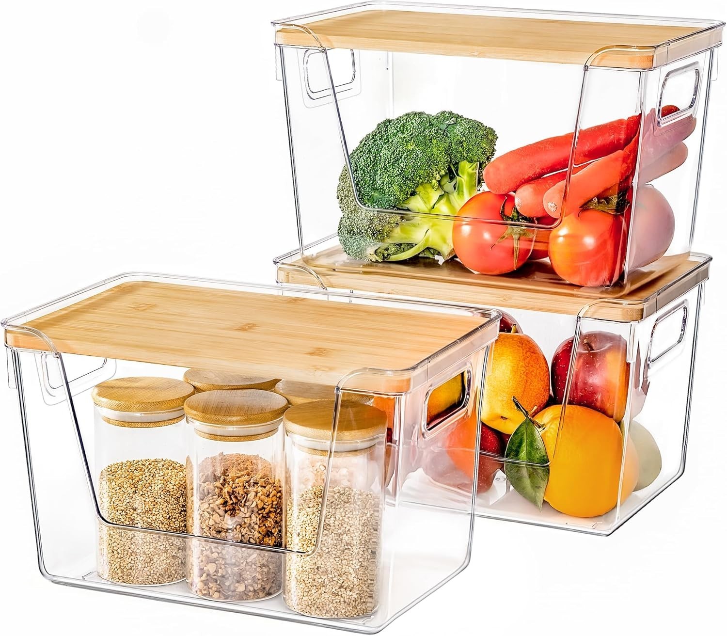 2 Set Pantry Organizers & Storage W/ Bamboo Lids Stackable Clear Bins Onion
