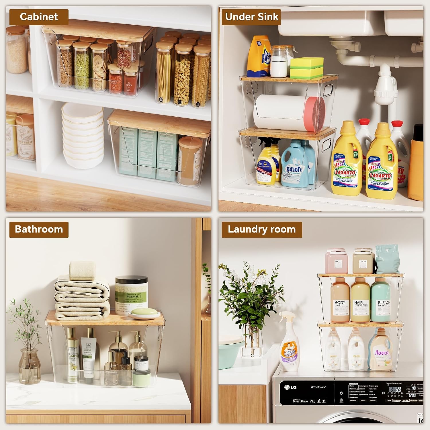2 Set Pantry Organizers and Storage with Bamboo Lids Stackable Clear Bins for