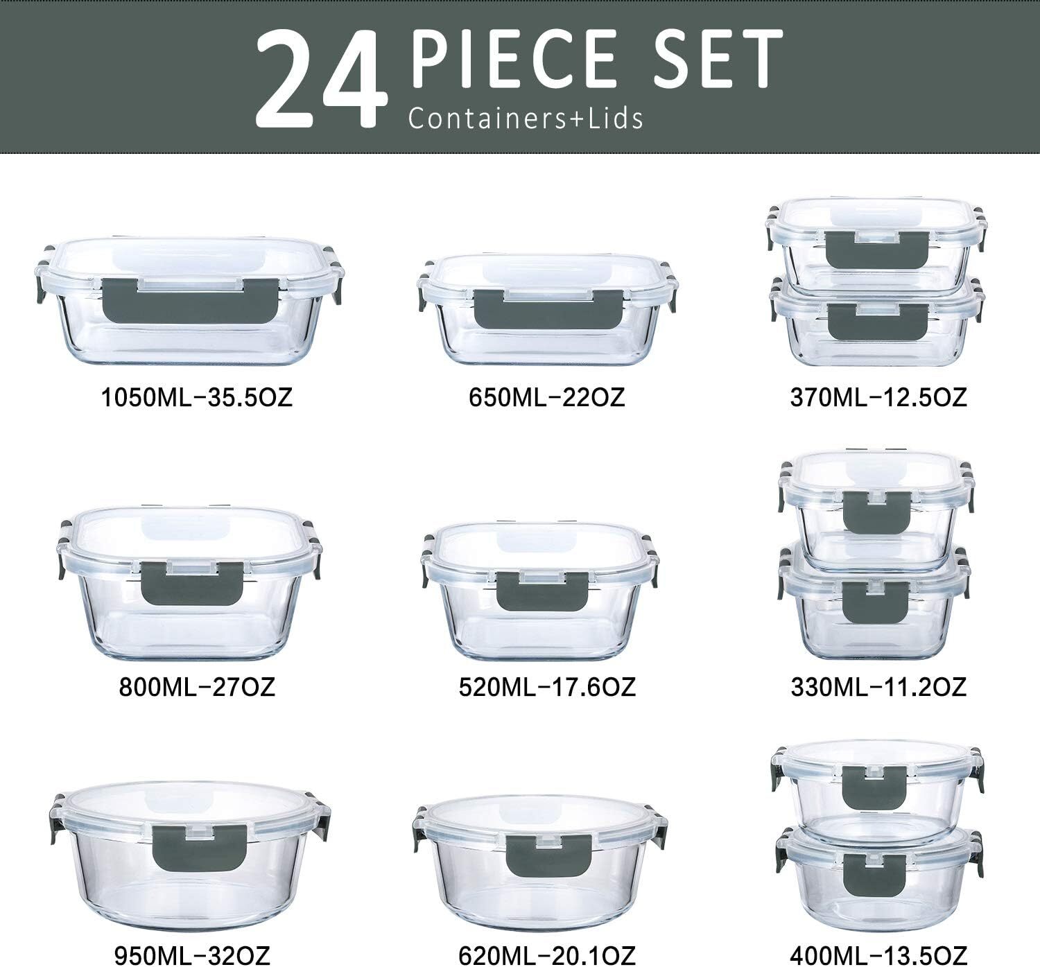 24 Piece GlassFood Storage Container,Snap Lock Lid,Glass Meal Prep ContainerSet