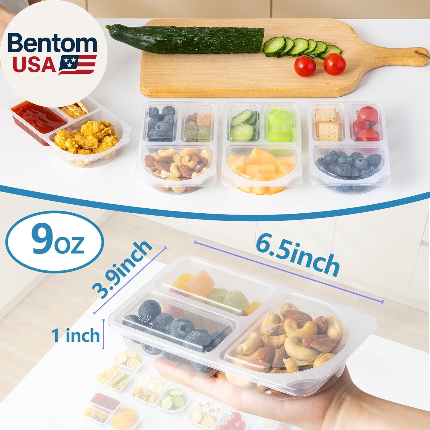 9Oz Reusable Snack Containers with Lids for Kid, New 3 Compartment Large Capacit