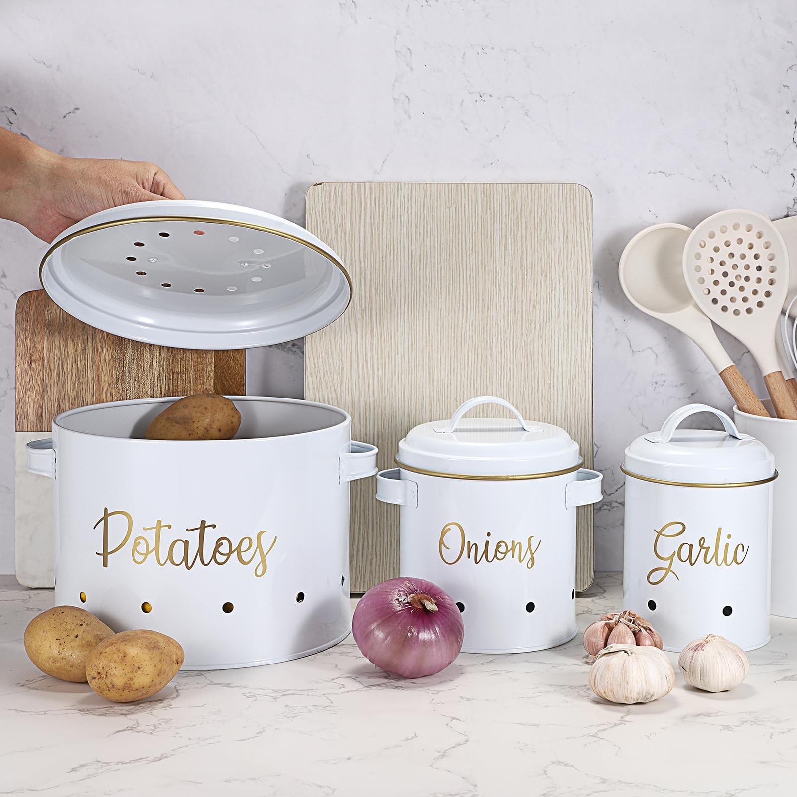 OwnMy Set of 3 Potato Onion Garlic Storage Bins Vegetable Containers Food Con…