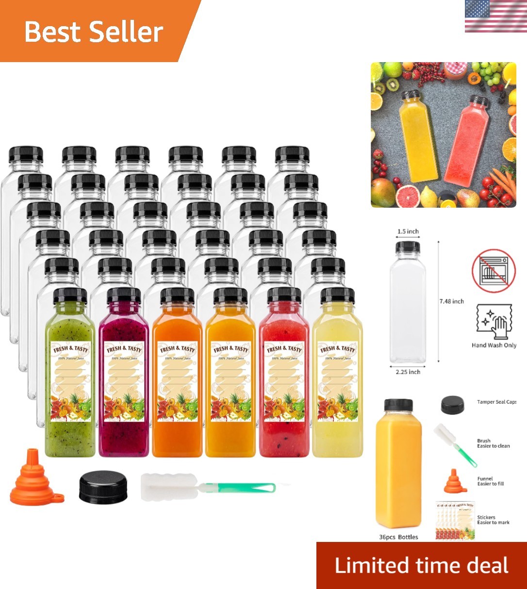 36pk Clear 16oz Reusable Plastic Juice Bottles with Airtight Caps & Accessories