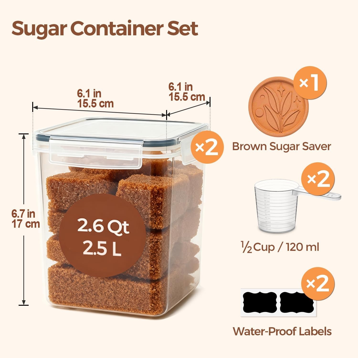 Brown Sugar Container Set of 2 2.5L/2.6Qt Airtight Food Storage Containers