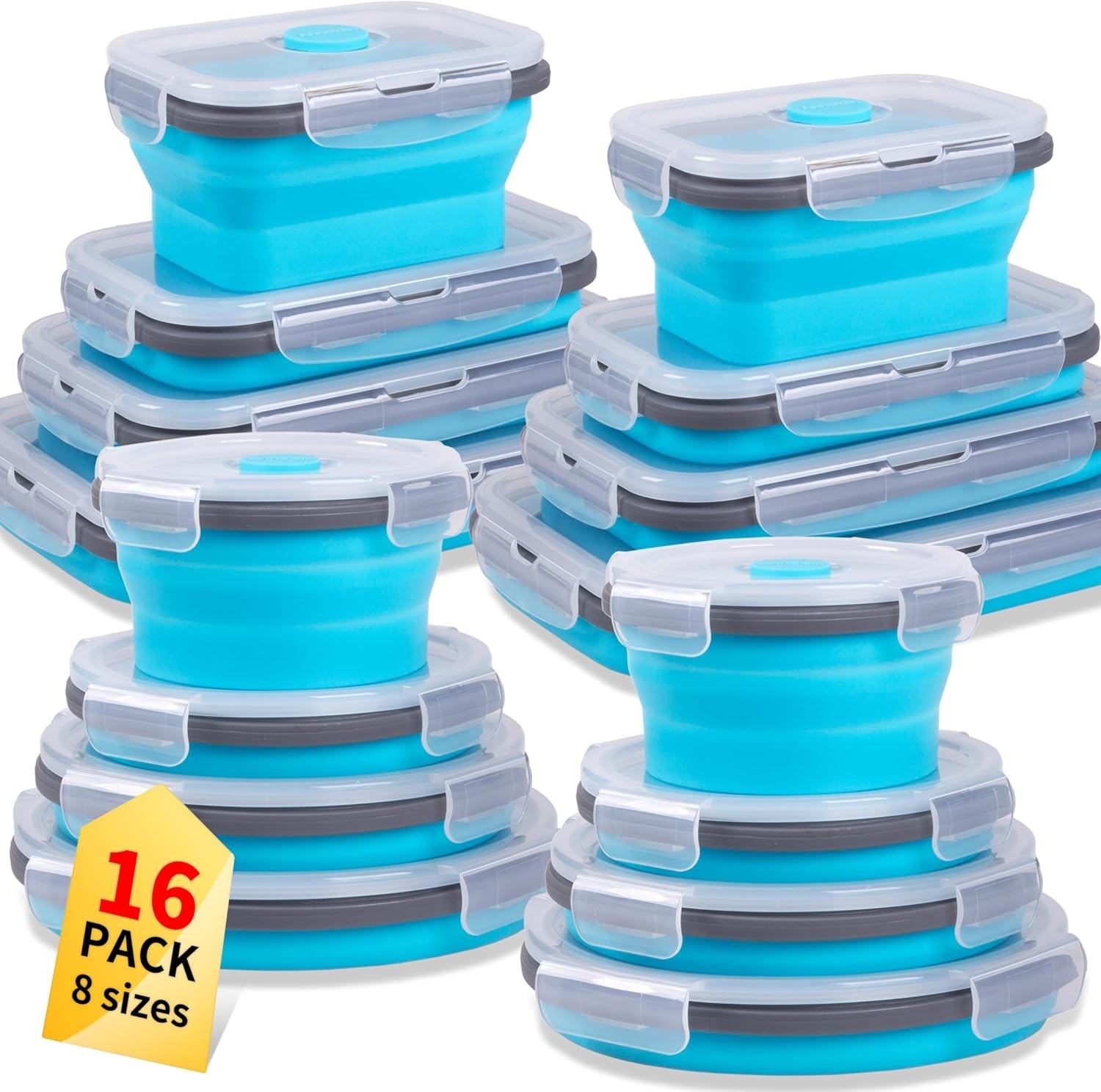 Collapsible Food Storage Containers W/ Lid & Air Vent 16 Pack 8 Rectangular 8