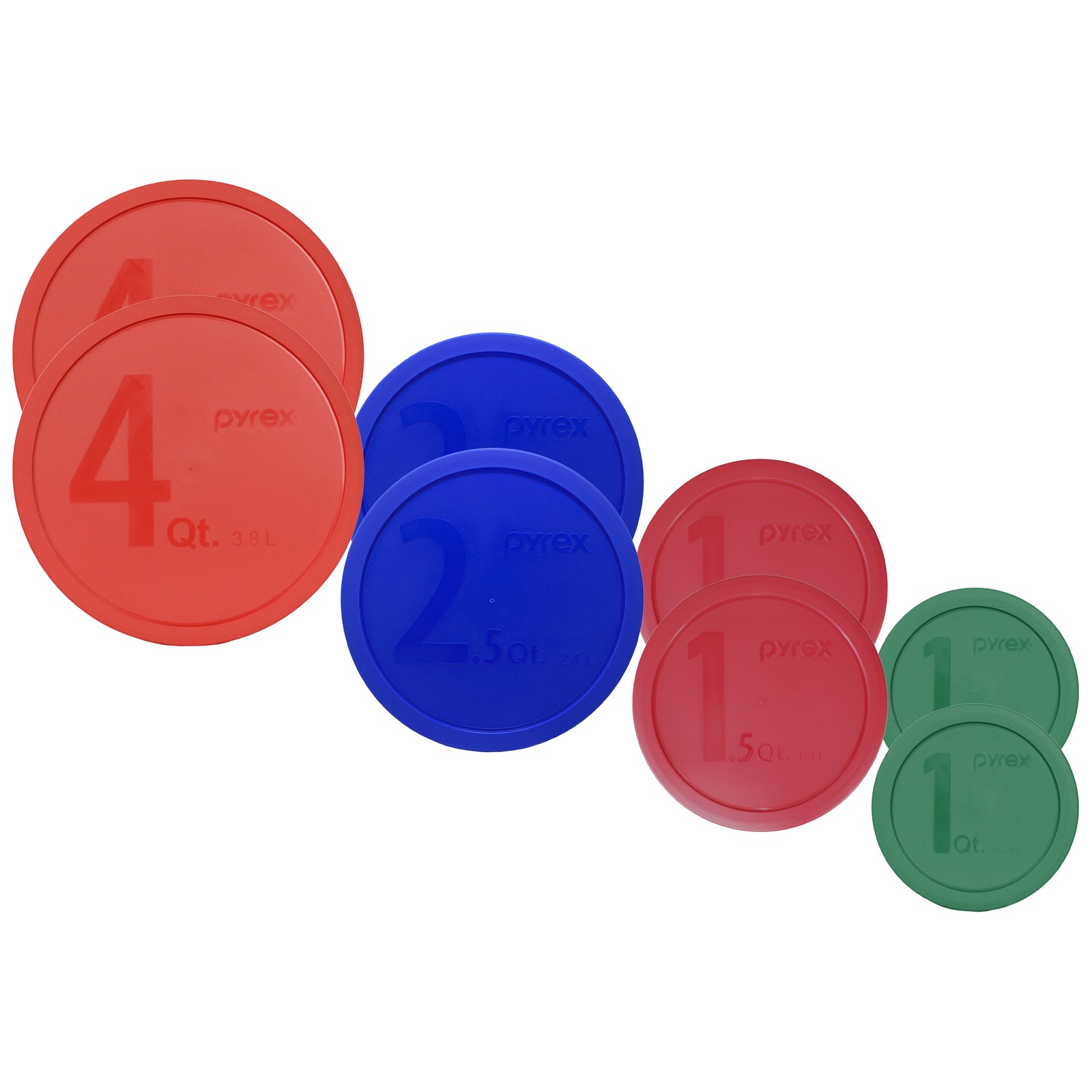 Pyrex Lids: (2) 323 1.5qt SAN, (2) 322 1qt GN, (2) 325 2.5qt BL, (2) 326 4qt RD