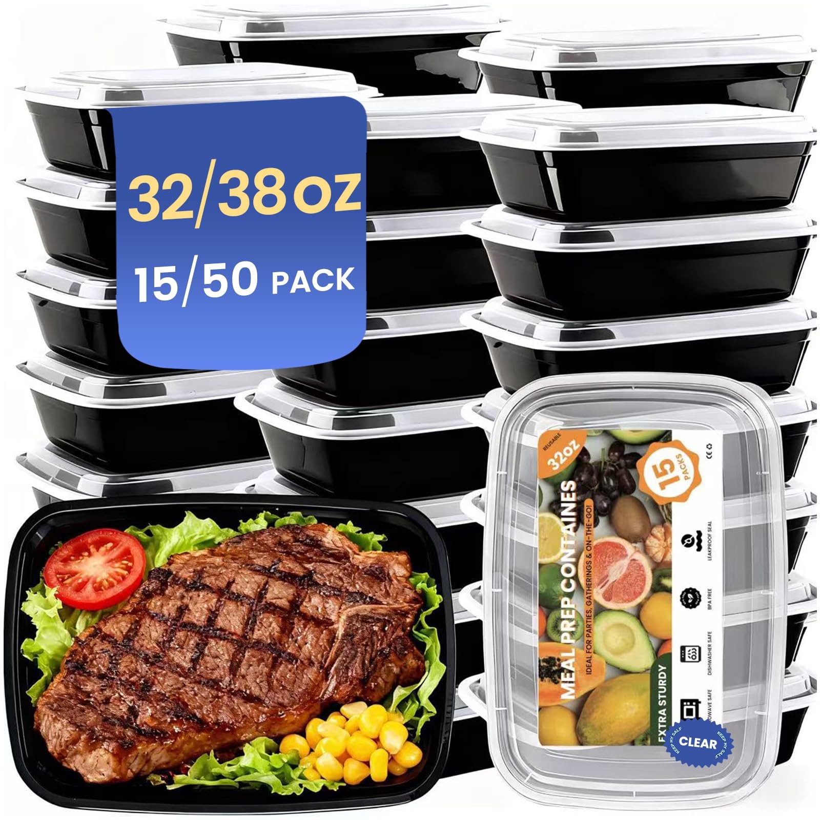 15 Pack 32oz Meal Prep Containers Reusable BPA-Free, Disposable Food Storage …
