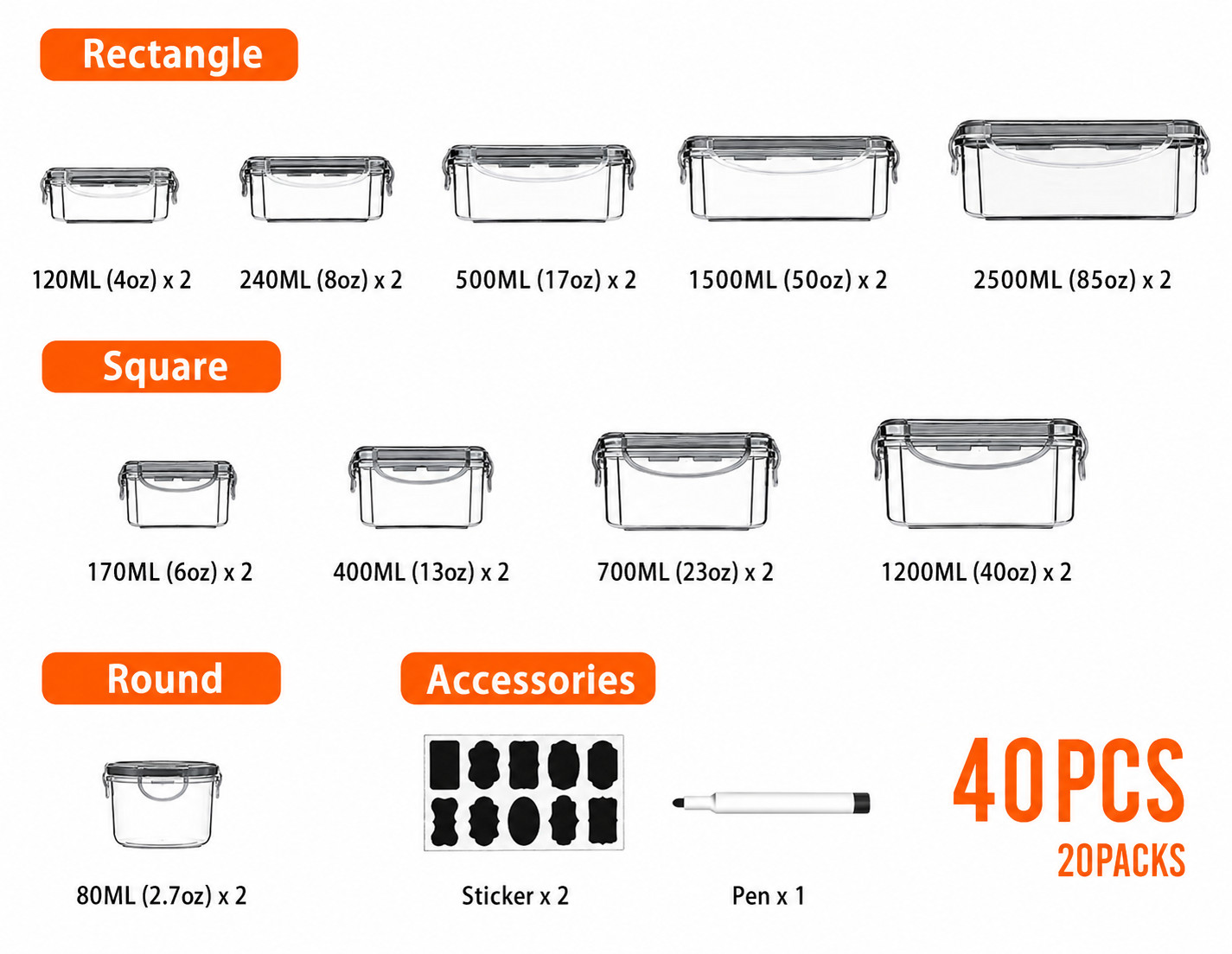 40PCS Airtight Food Storage Containers with Lids BPA Free Leakproof Kitchen Set