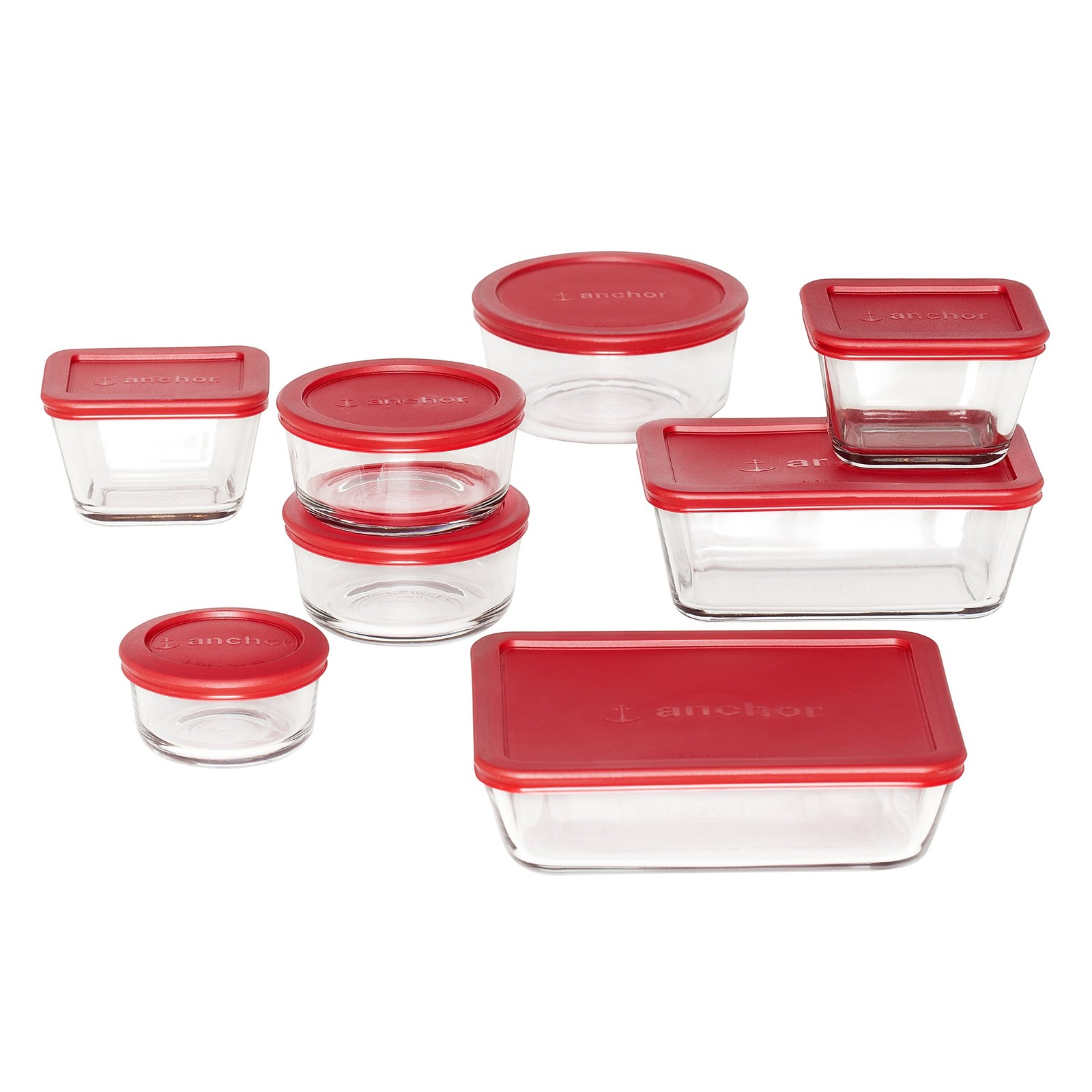 Glass Food Storage Containers with Lids, Red, 16-Piece Set