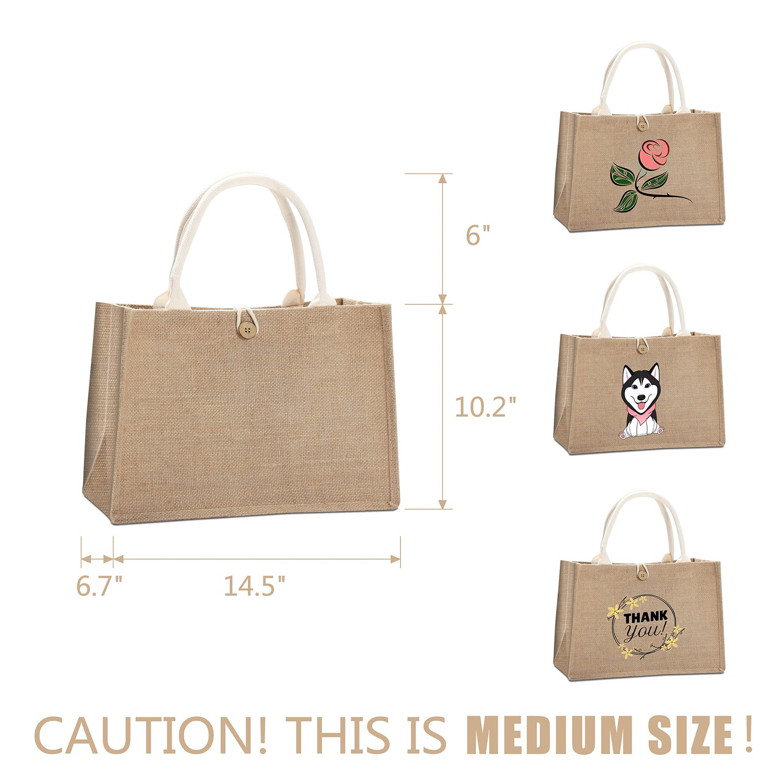 Yaceyace Jute Beach Tote Bags 14.5X6.7X10.2 Set Of 6 Burlap Totes Button