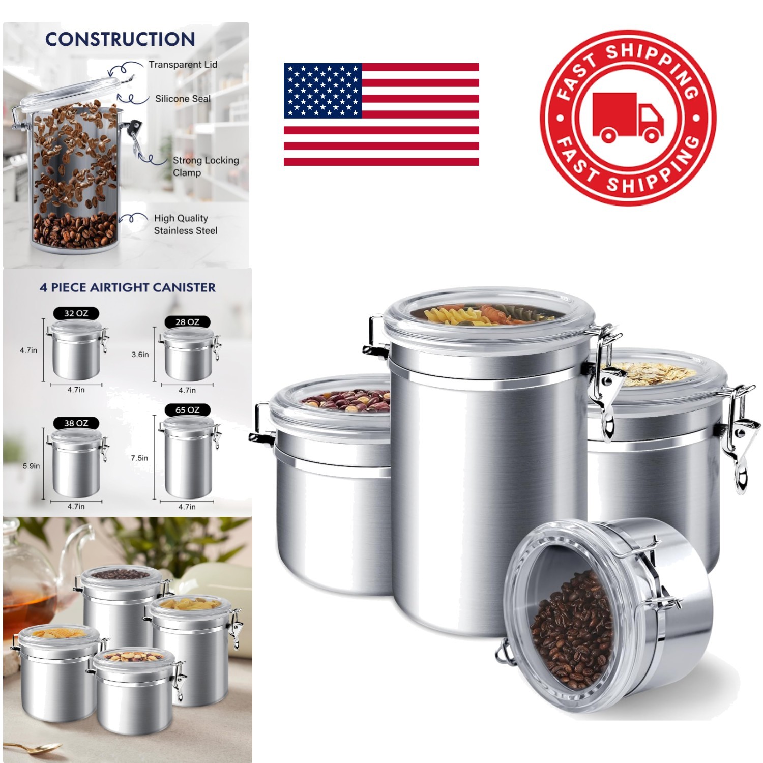 4 Piece Stainless Steel Airtight Food Storage Canister Set Clear Lid 28 to 65 oz