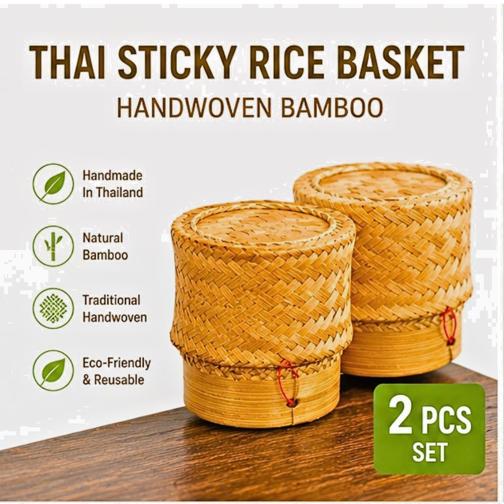 2x Handwoven Thai Sticky Rice Basket 3.5″ Bamboo Container Mini Restaurant Style