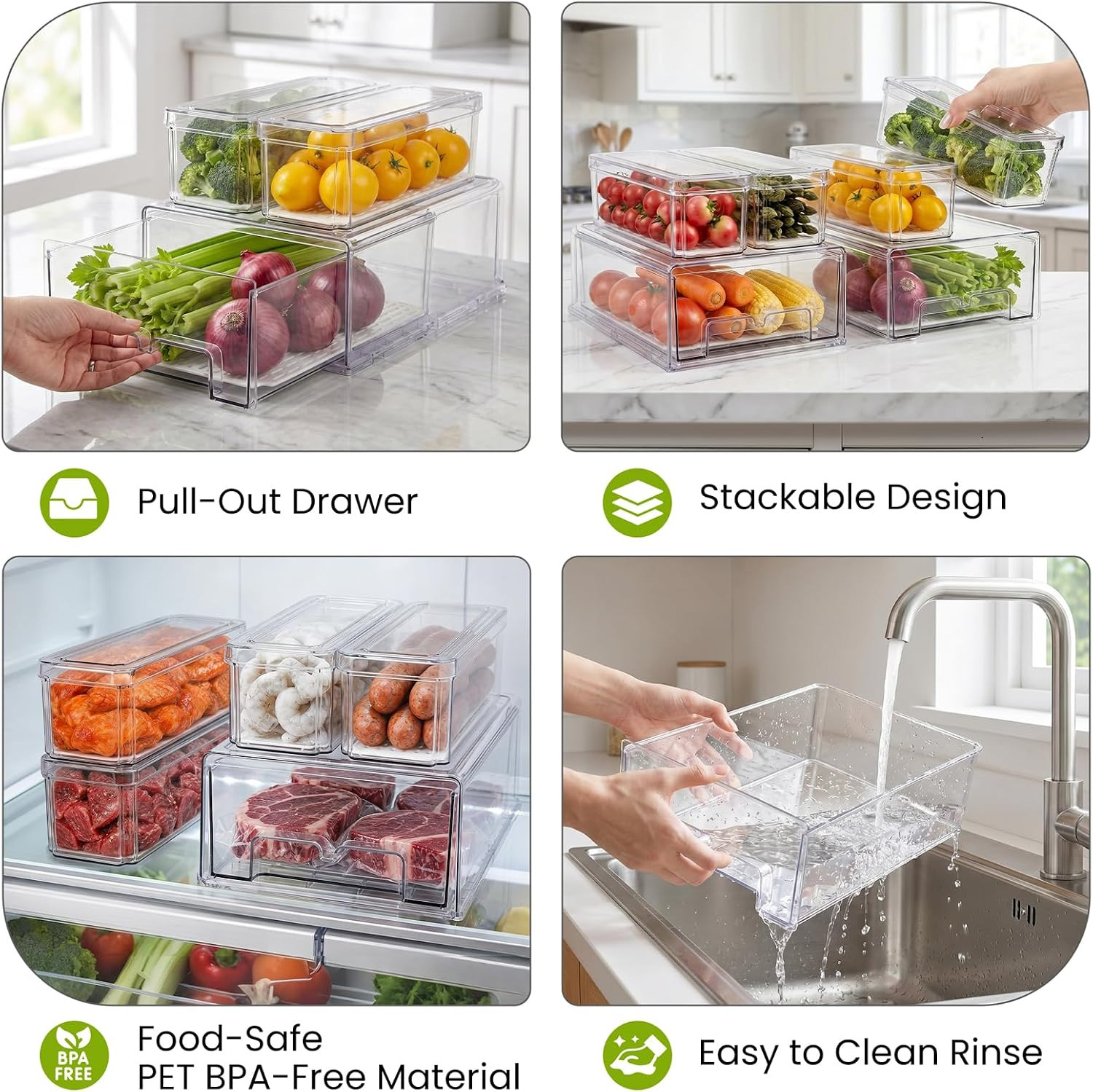 6Pack Fridge Organizers and Storage,Stackable Fridge Organizer Bins with Lids, 2