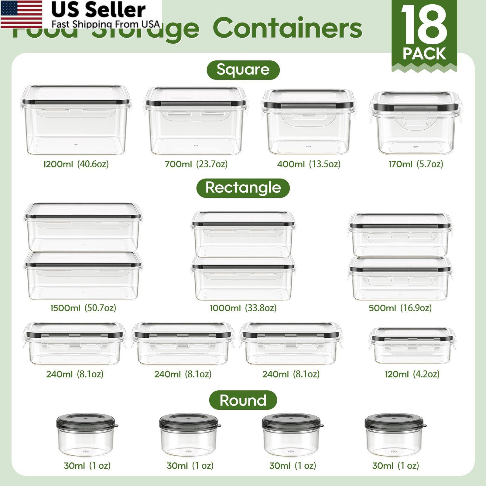 KEMETHY 36-Piece Food Storage Containers Varies (1.2oz to 50.7oz), 36 Piece