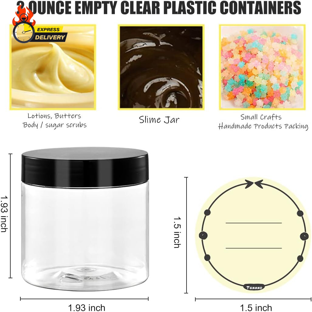 36 Pack 2 Oz Small Plastic Container Jars with Lids and Labels BPA Free, Empty