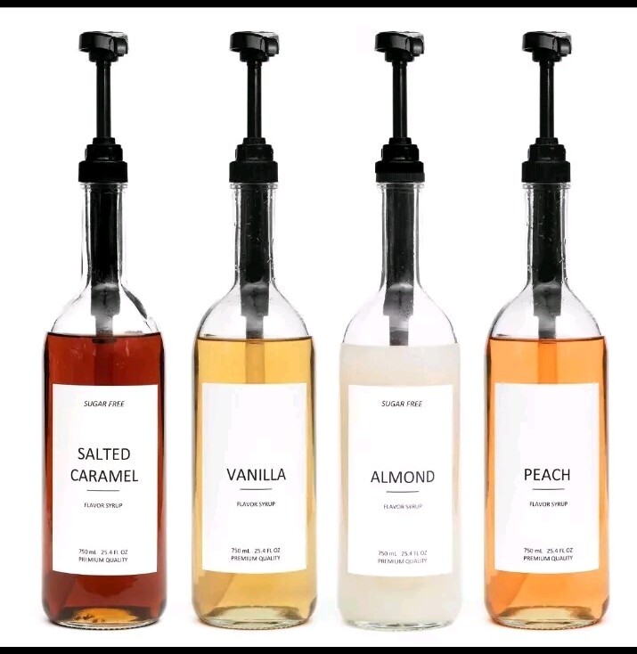 SET OF 4 Glass Coffee Syrup Dispensers 750ml with Pumps and Flavor Labels