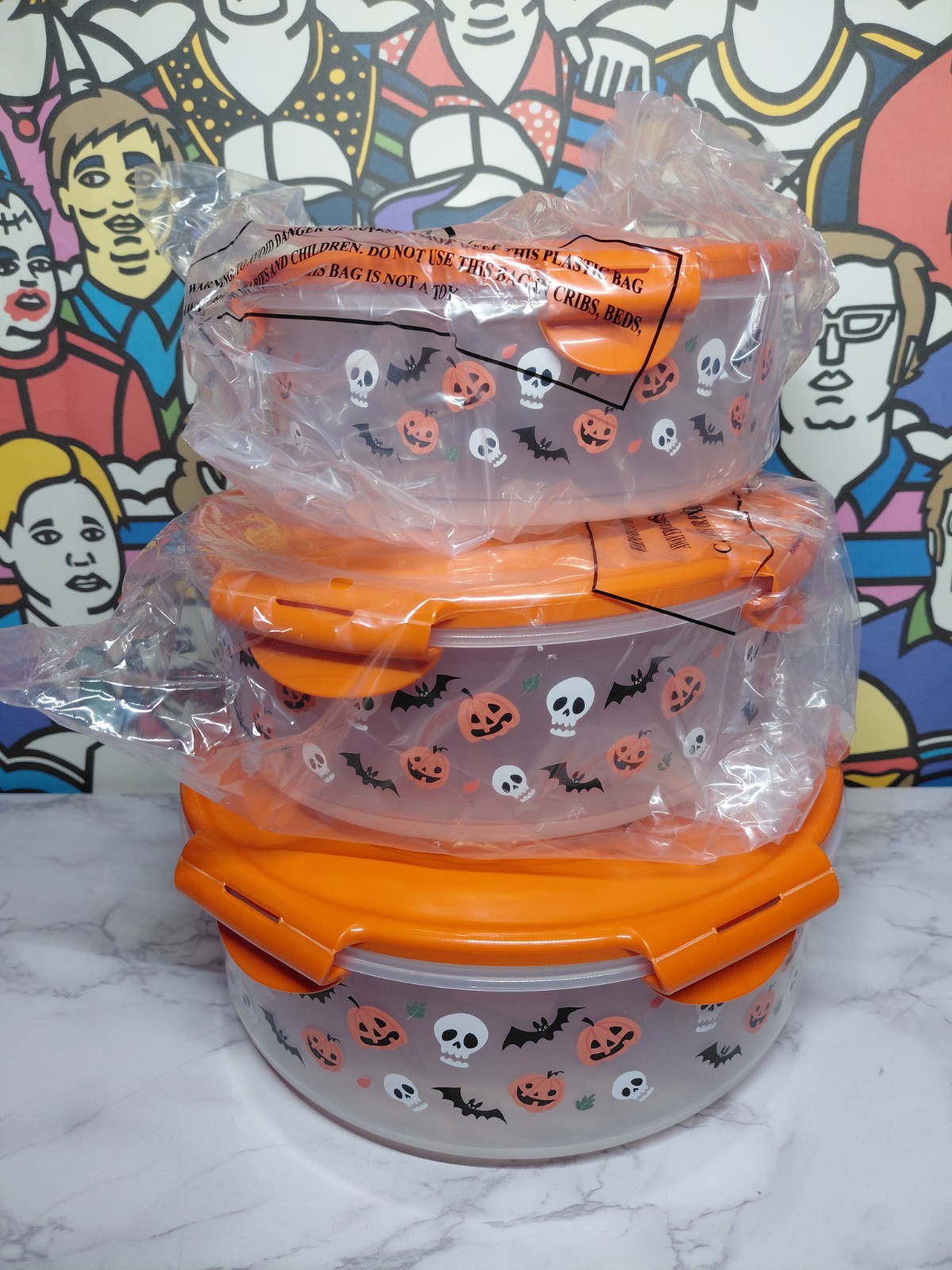 New LOCK & LOCK 6-Pc FOOD STORAGE SET~HALLOWEEN PRINT~Nesting~Skull Bat Pumpkin