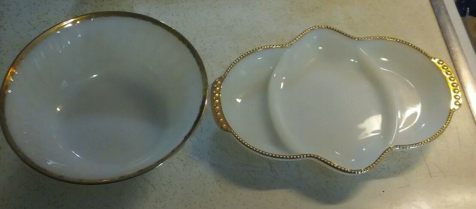 Lot of 2 fireking one large bowl and one large candy dish ..good condition