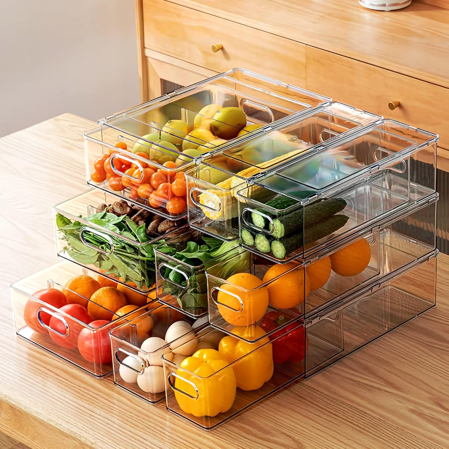 Stackable Refrigerator Organizer Bins – 9 Pack Clear Pull-Out Drawers for Produc