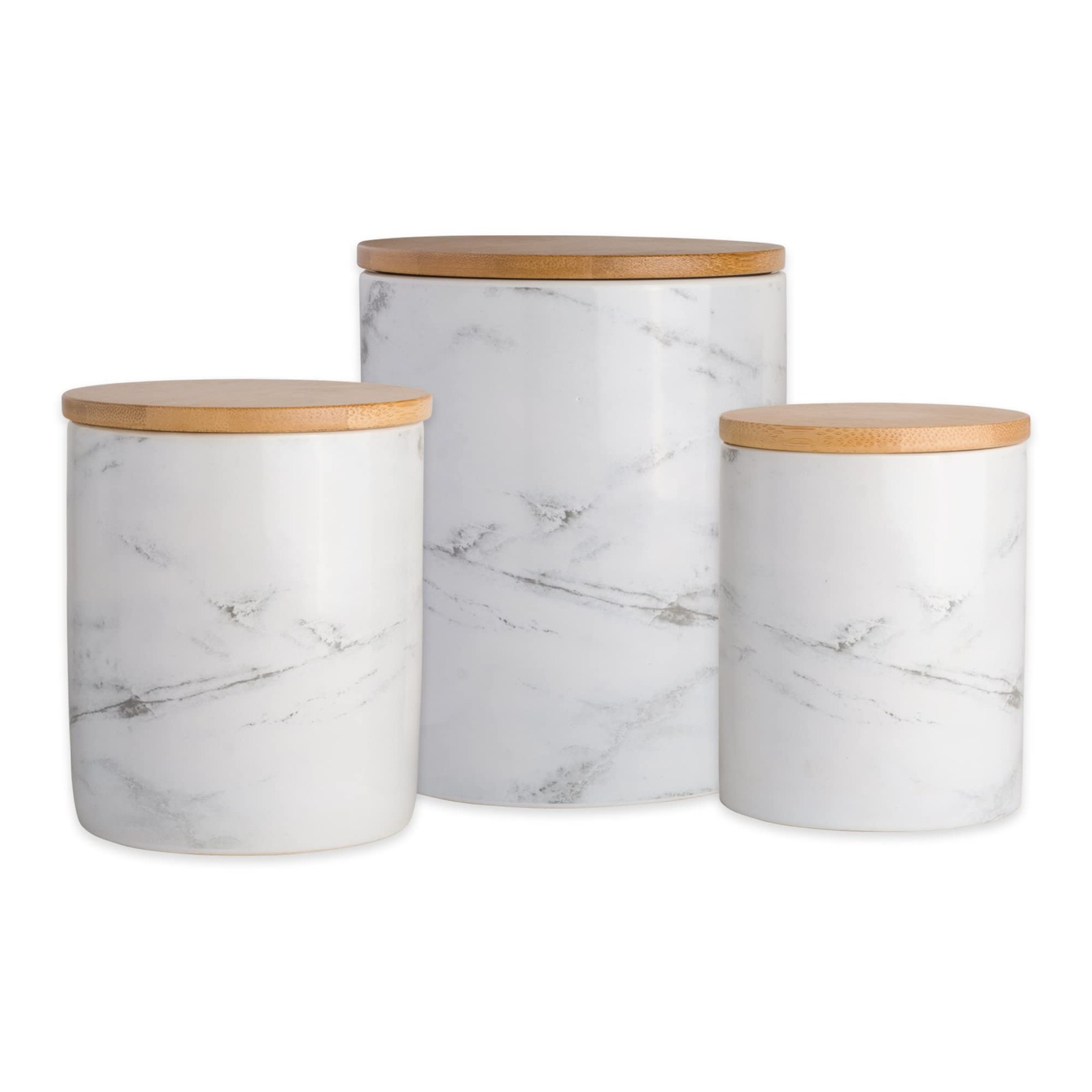 Set Of 3 DII Ceramic Canisters, White Marble, 3″x4″, 4″x4.5″, 4.5″x5.5″H