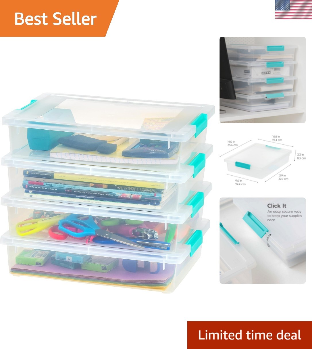 6 Qt. Craft Storage Bins with Lids, 4-Pack, ||, Clip Box, Small Plastic Senso…