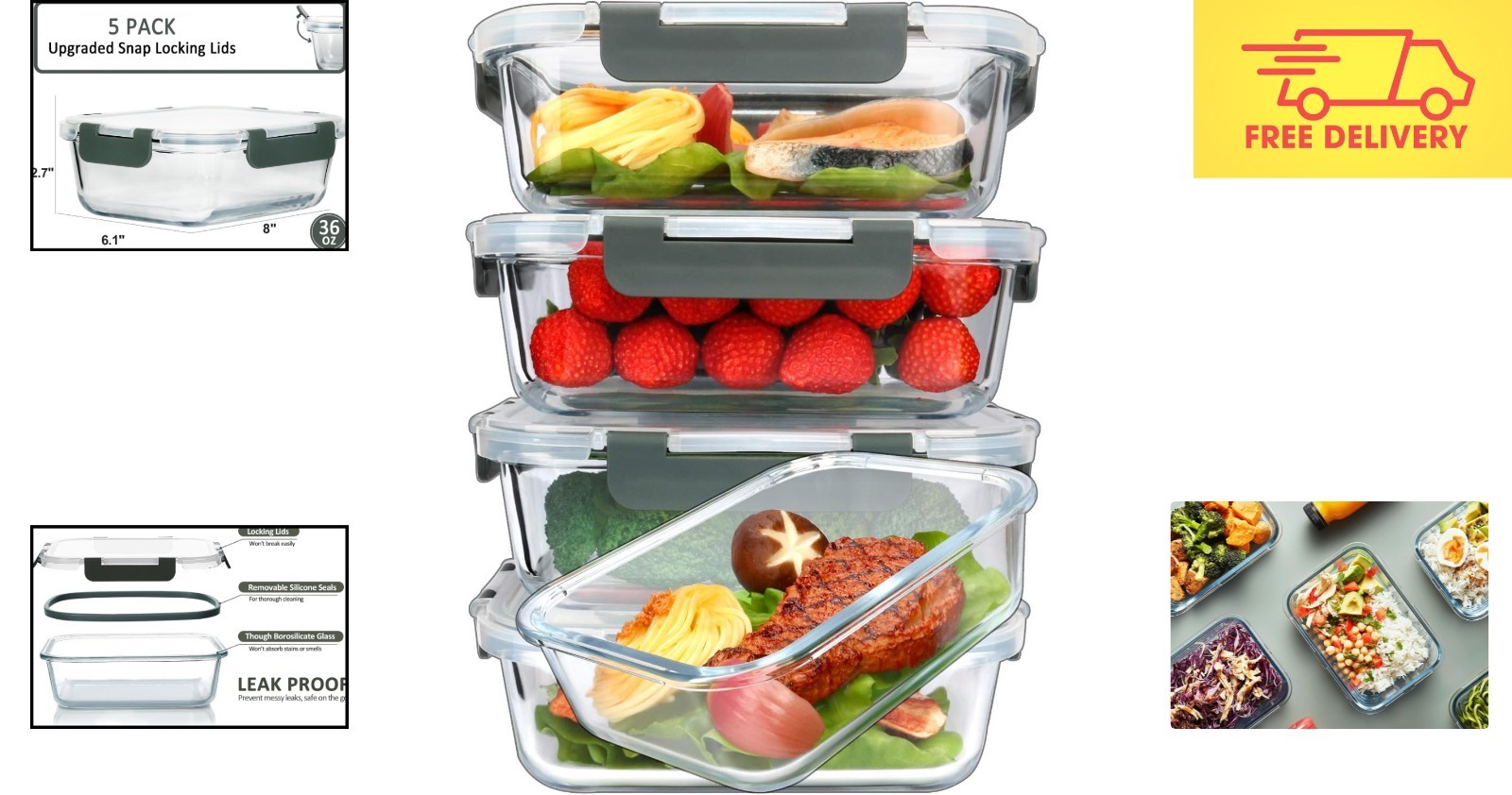 Versatile 36 Oz Glass Storage Containers with Airtight Snap Lids – 5 Count