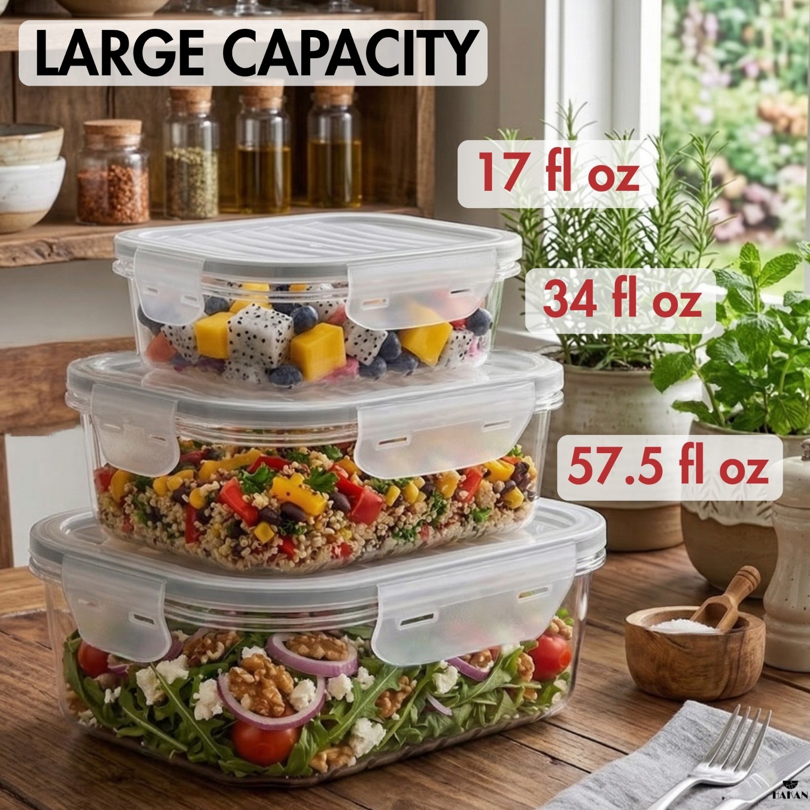 Hakan Airtight Food Storage Containers 3-Pack Locking Lids Stackable Leakproof