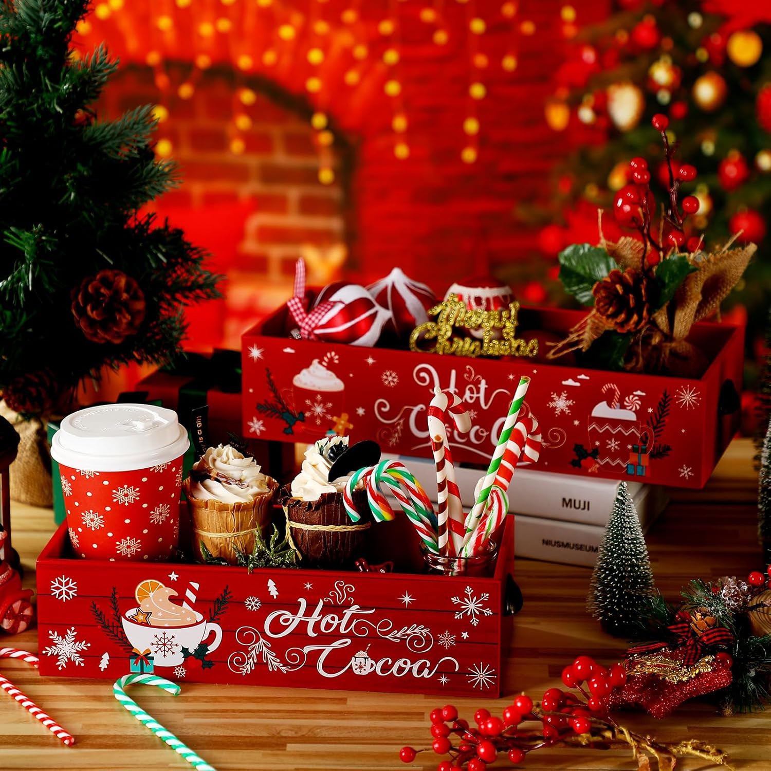 2 Pcs Hot Cocoa Bar Wood Storage Box Hot Cocoa Decorative Christmas Cute Wood St