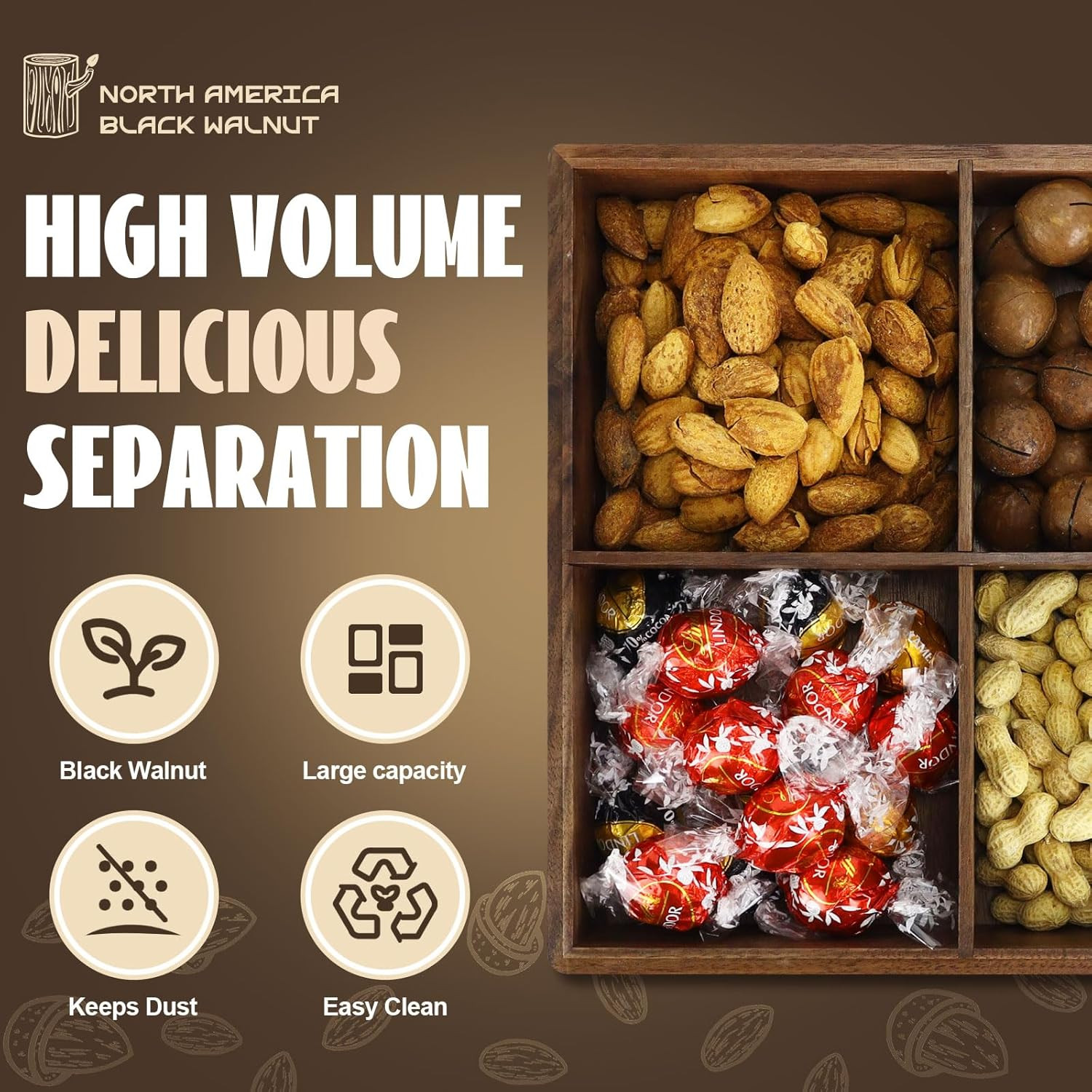 Elegant 4-Compartment Walnut Serving Tray with Lid for Snacks & Parties