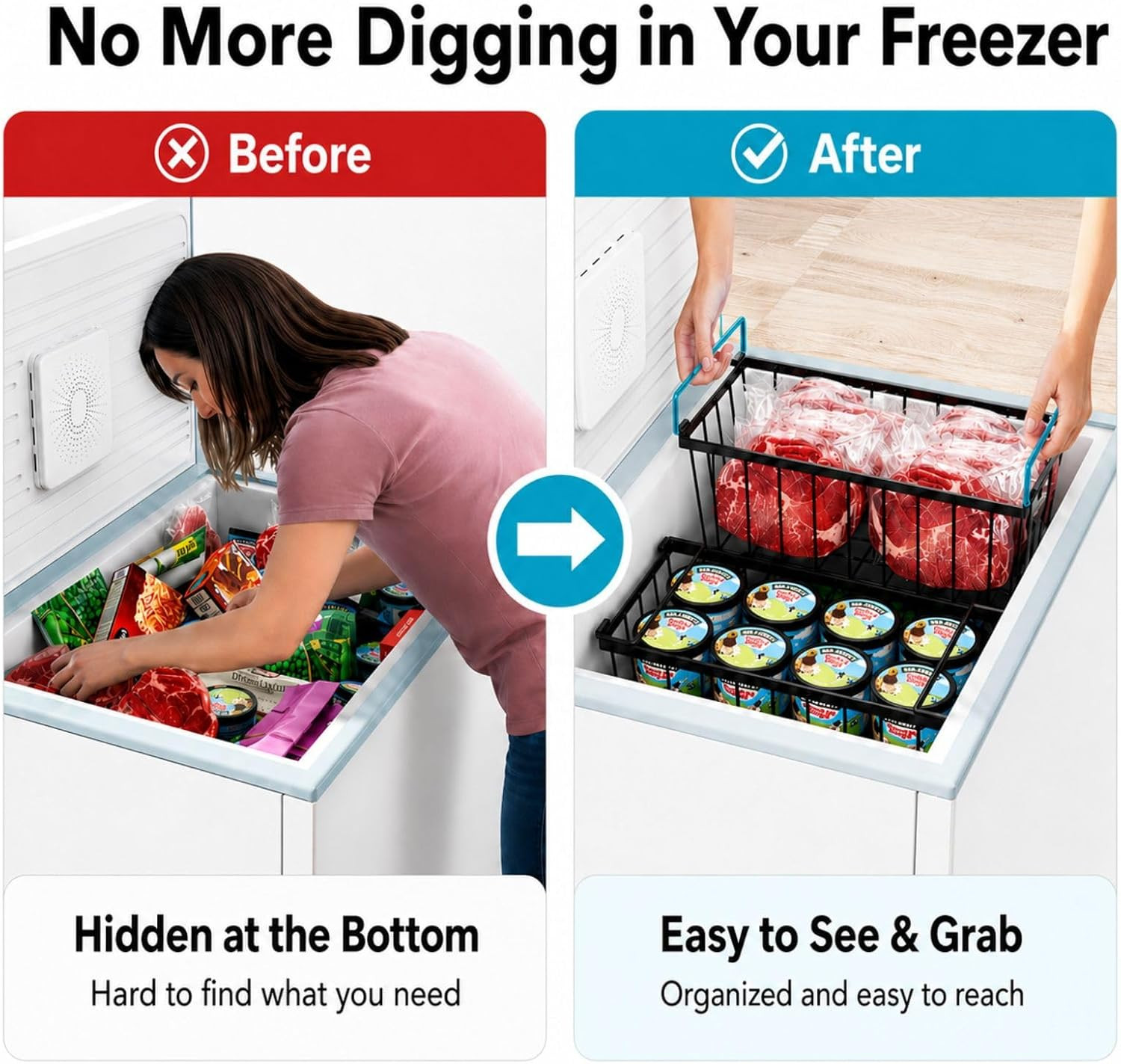 Ispecle Freezer Organizer Bins – Fits 7 Cu.Ft Chest Freezer, 4 Pack Stackable De