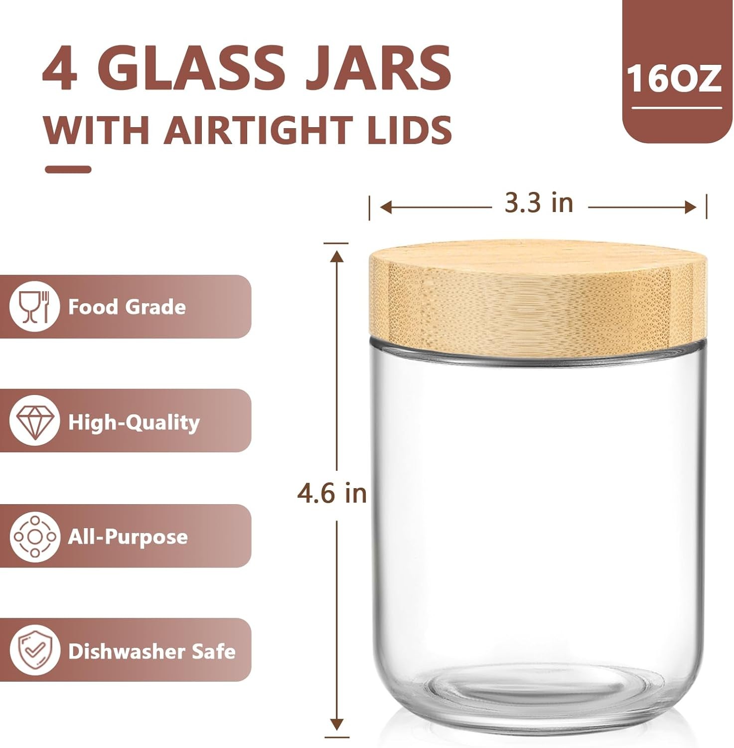 16 Oz Overnight Oats Containers W/ Bamboo Lids 4 Pack Glass Storage Jars W/
