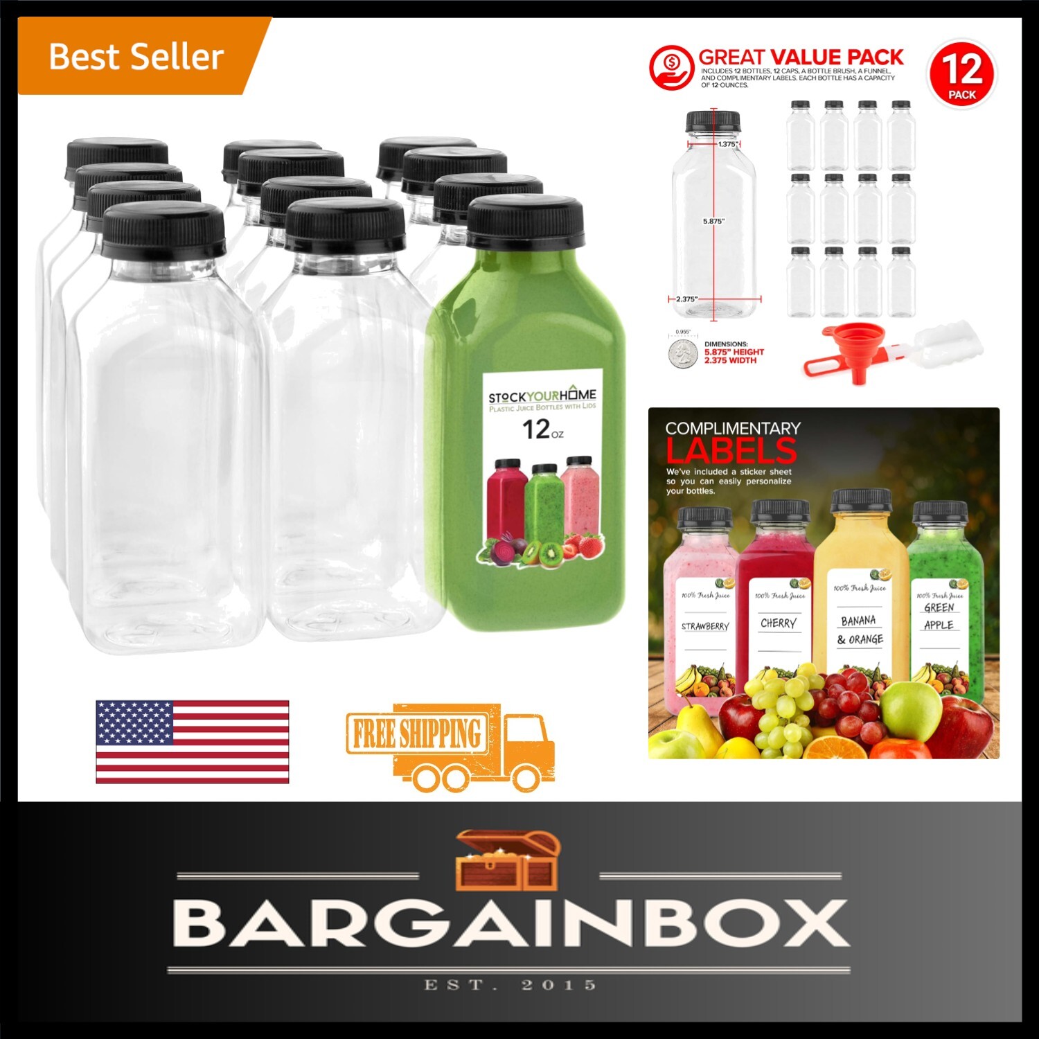 12 oz Juice & Smoothie Bottles – Clear Plastic with Tamper-Proof Caps (12 Pack)