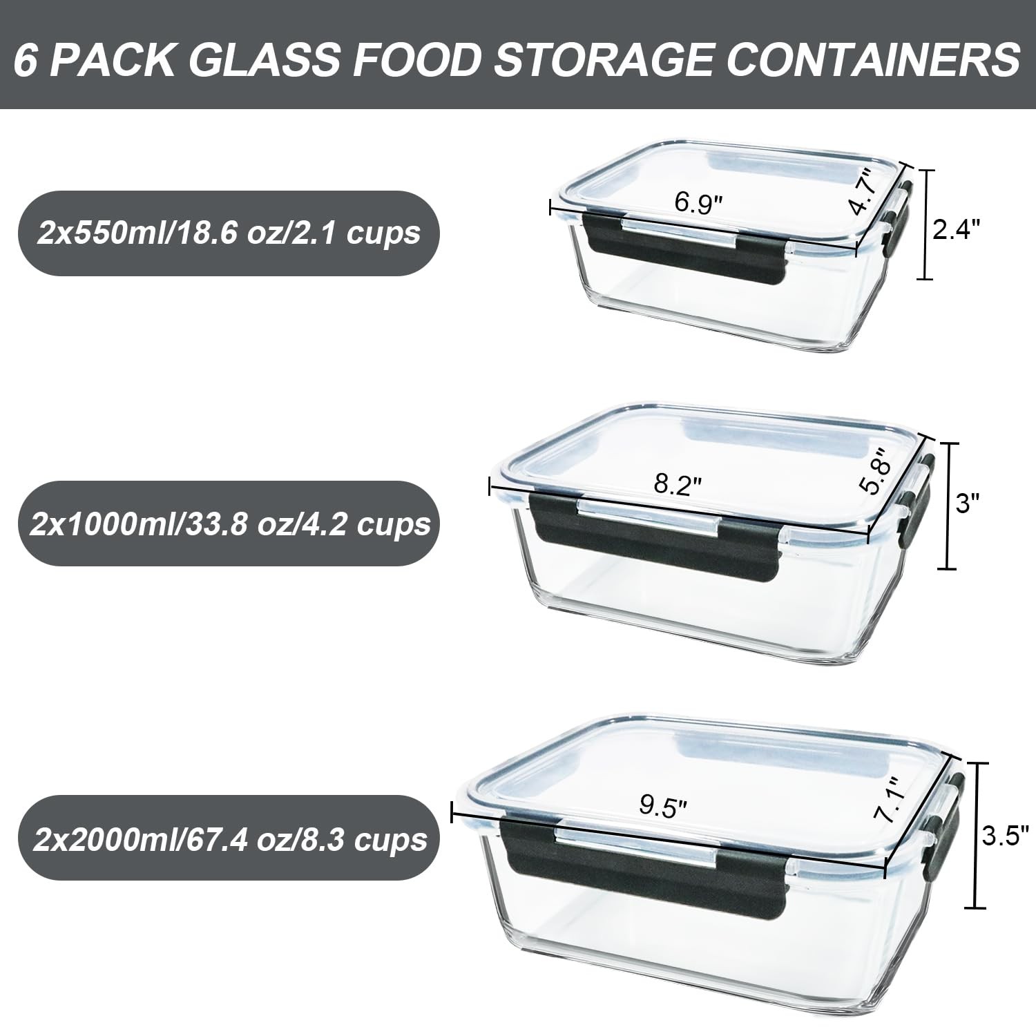 67.4oz(8.3 cup), 33.8oz(4.2 cup)& 18.6oz(2.1 cup) Extra Large Glass Food Stor…