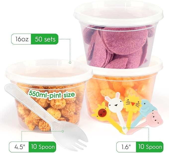 Contenedores De Almacenamiento De Comida De Plastico 16 OZ Juego De 50 Con Tapa