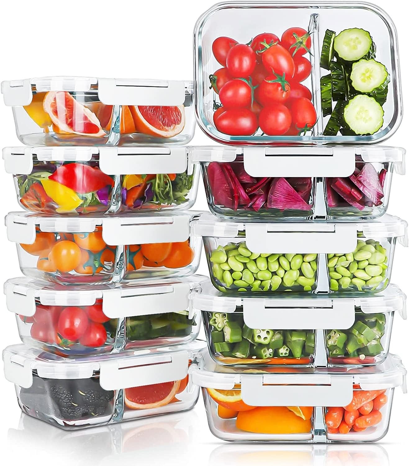 30oz Glass Meal Prep 2 Compartment Containers 10 Pack White