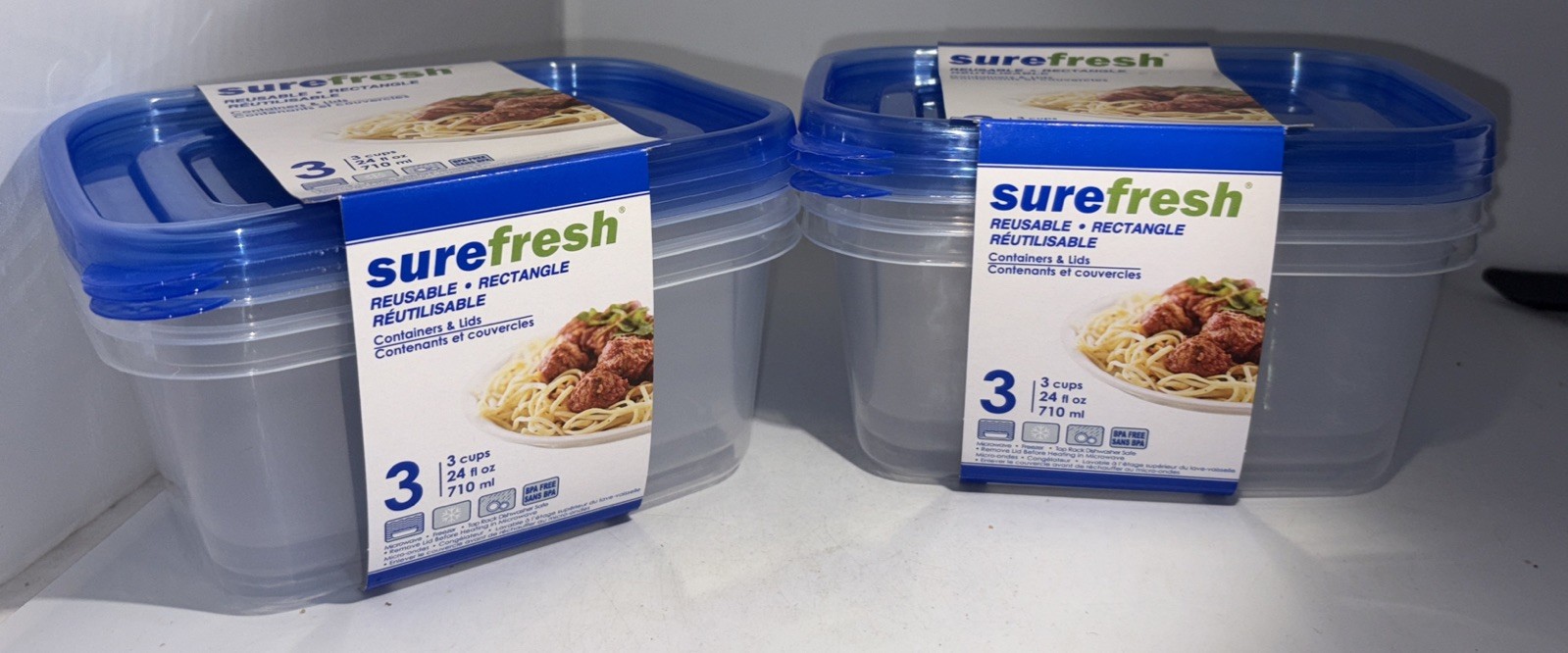 6ea(2pks 3ea)Surefresh Reusable Rectangle 3 Cup/24oz Containers W Lids-BRAND NEW