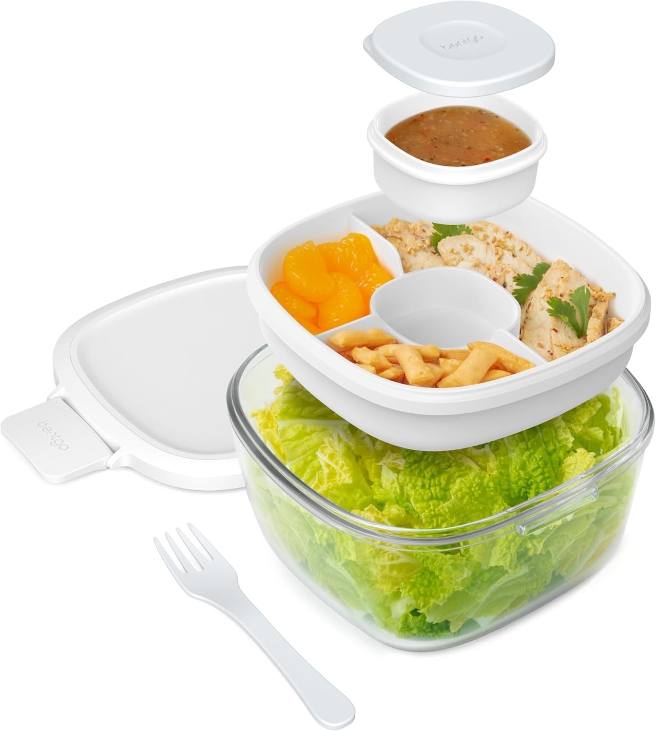 All-in-One Glass Salad Bowl – Airtight 61-oz with Bento Tray & Sauce Container