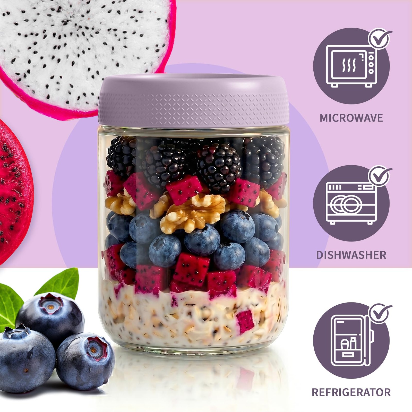 SECLENT 16 oz Mason Jars, Overnight Oats Pastel Harmony, Harmony