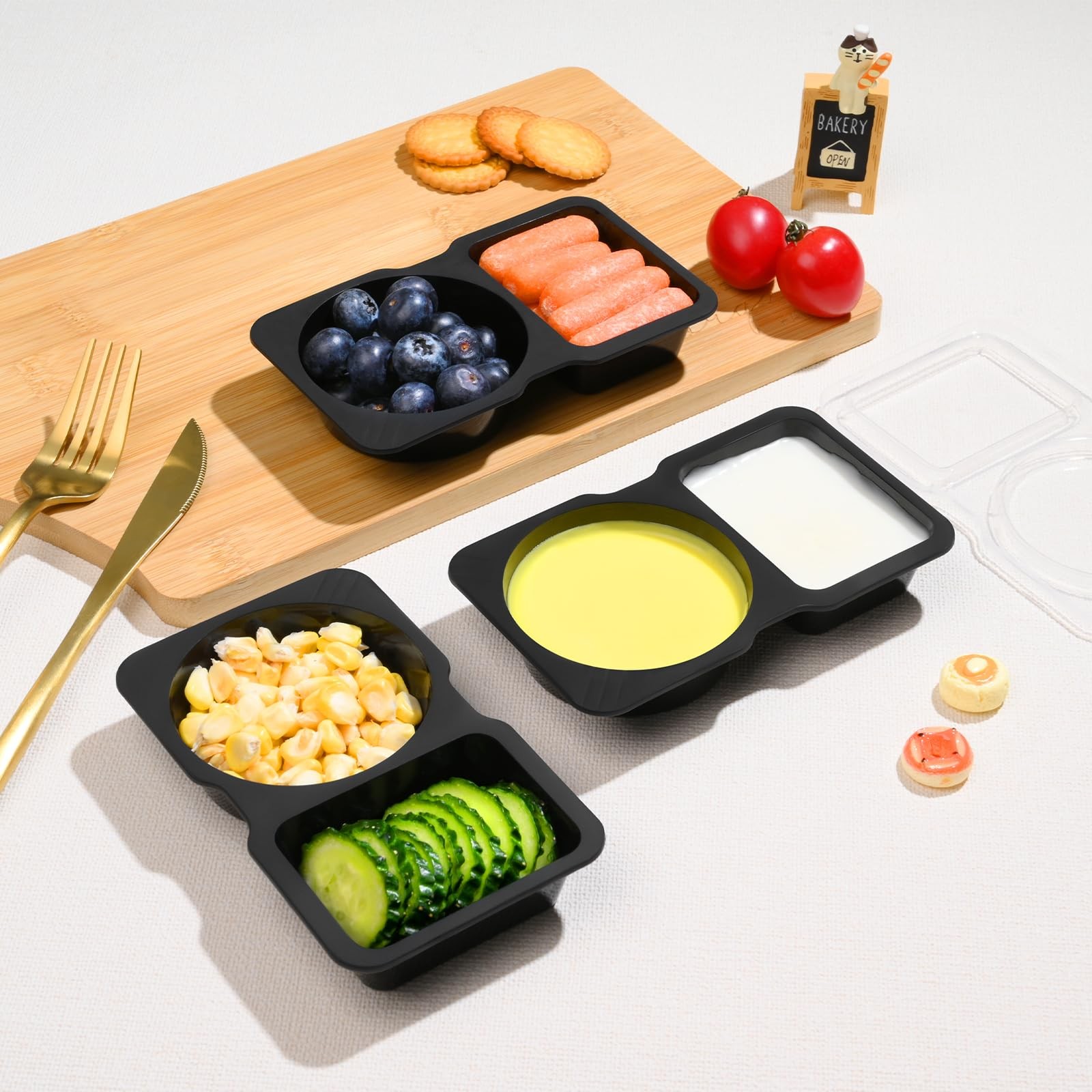 Double Compartment Snack Containers with Lids, 2 Compartment Condiment Contai…