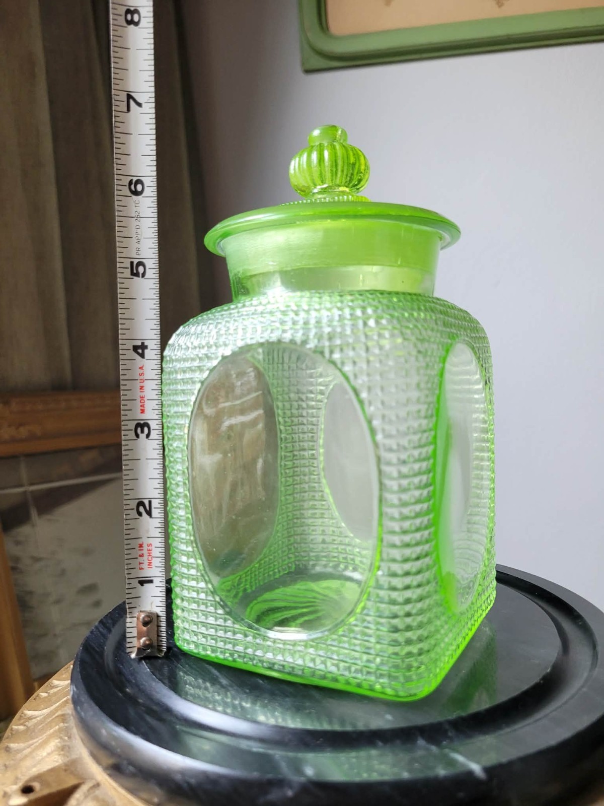 Rare Vtg 30s Japanese Green Glowy Glass Ameyabin Lidded Candy Shop Canister