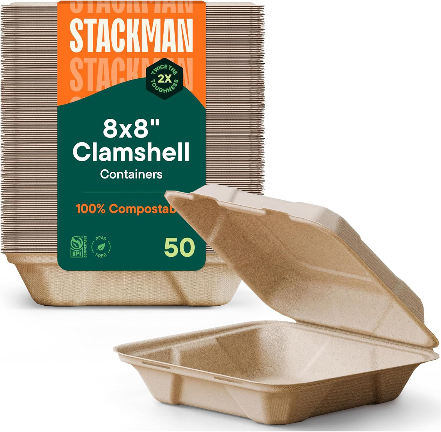 100% Compostable Clamshell Take Out Food Containers [8X8″ 50-Pack] Heavy-Duty Qu