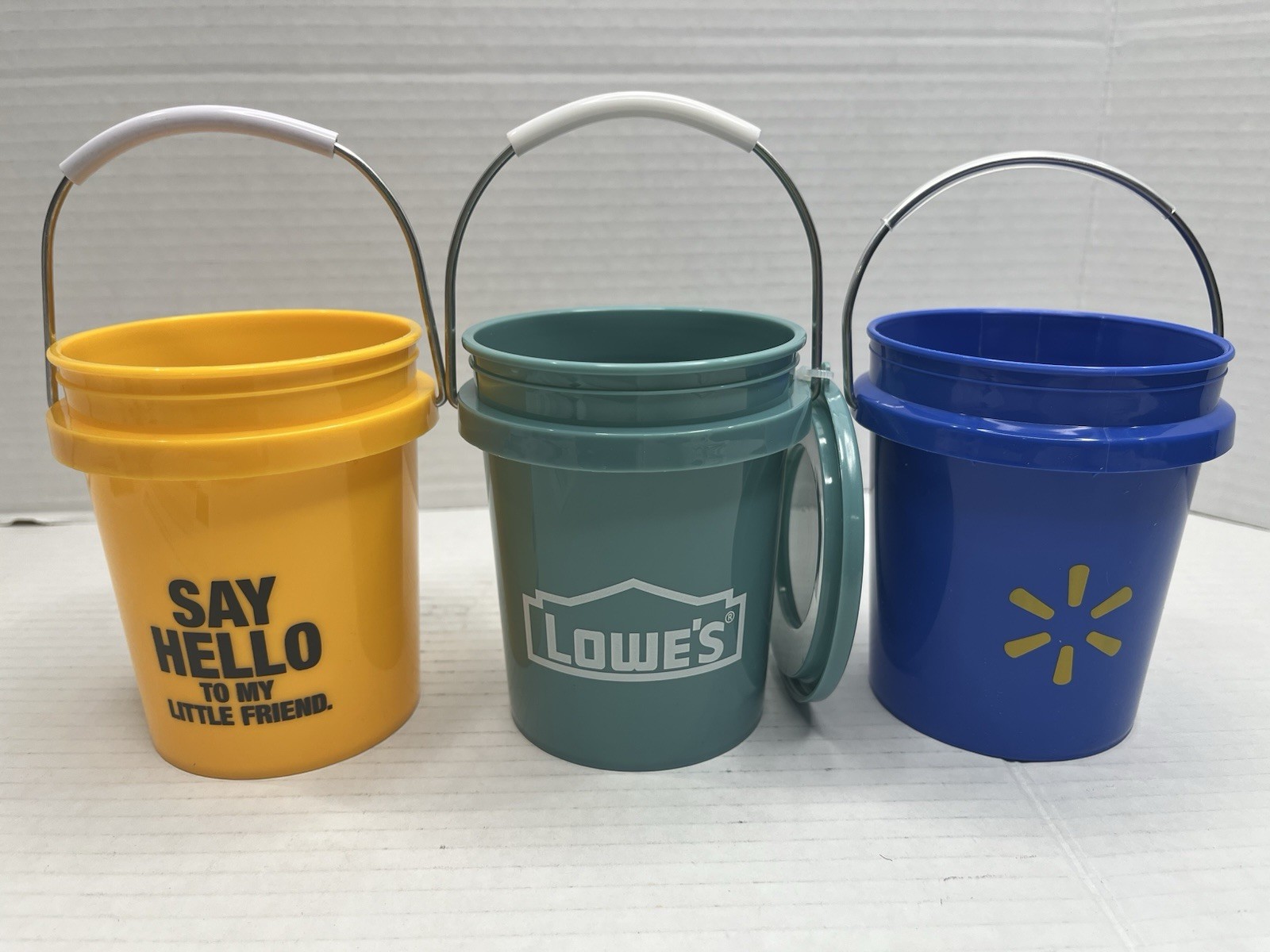3 Pack – Mini Buckets – Lowe’s Teal, Northern Tool Equip. Yellow & Walmart Blue