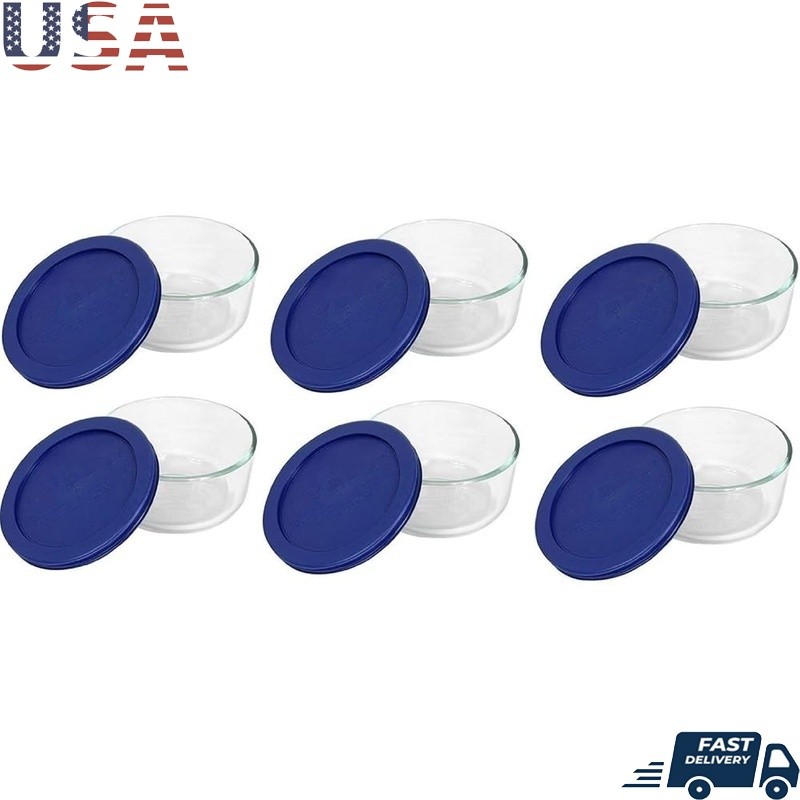 2 Cup Glass Bowls W/ Dark Blue Lids Set of 6 BPA-Free Microwave Safe Storage New