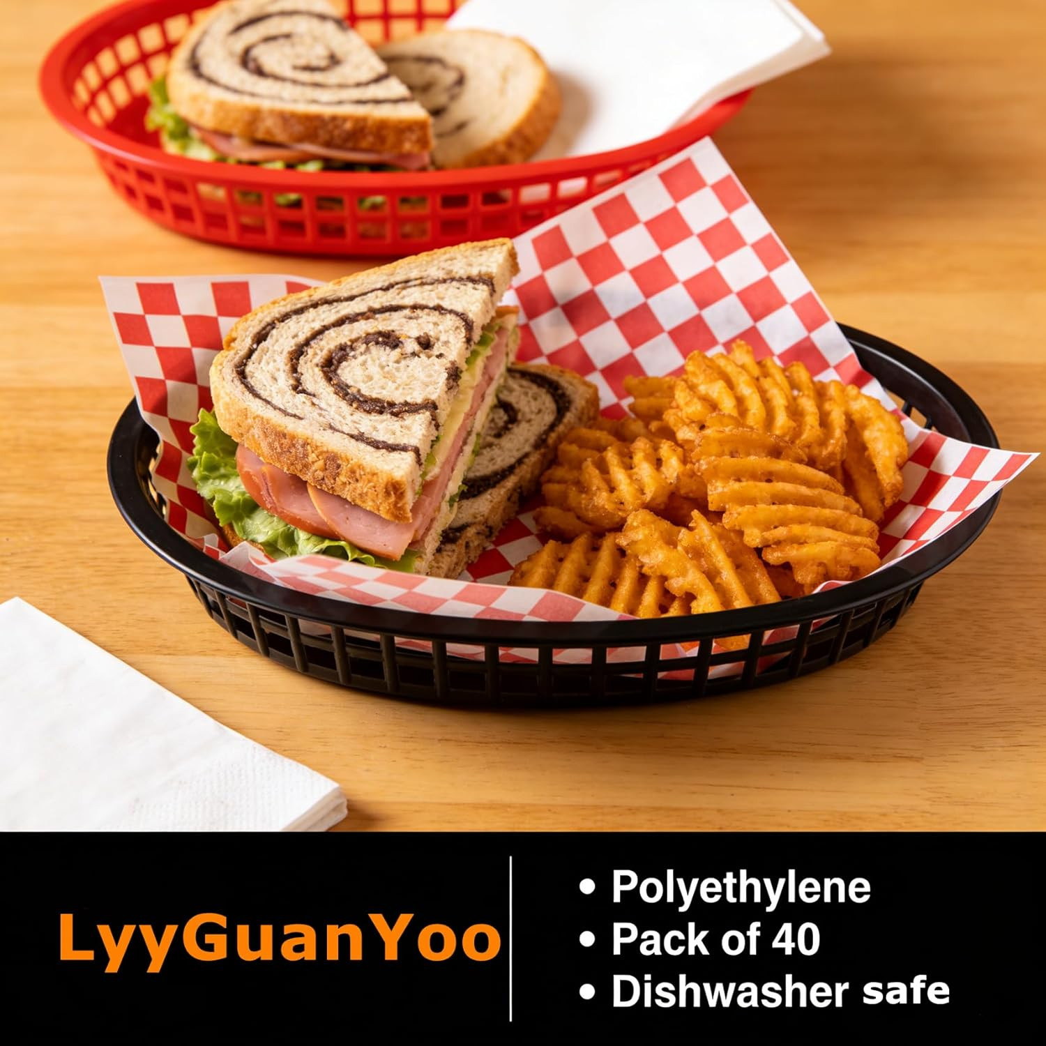 40 Pack Reusable Fast Food Baskets, 10.5×7 Inch Black Plastic Trays