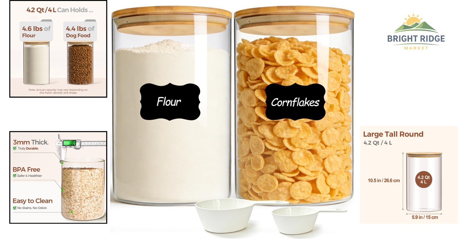 2Pcs Large Glass Storage Containers with Airtight Lids for Pantry Organization