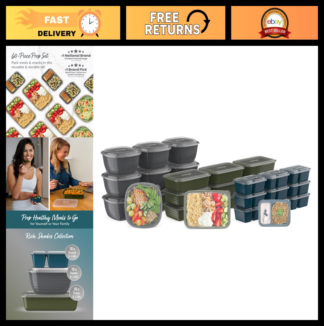 60-Piece Meal Prep Kit – Reusable BPA-Free Food Containers, Snack Boxes & Trays