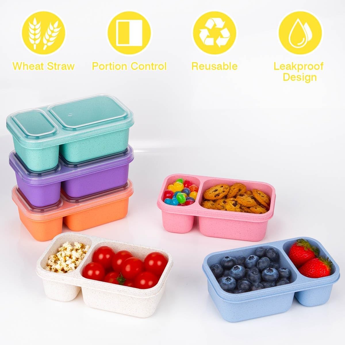 Containers with Lids Wheat Straw Reusable Snack Packs