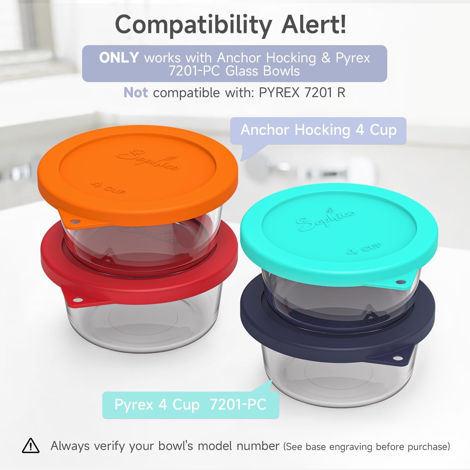 4 Cup Round Silicone Storage Cover Lids Replacement for Anchor Hocking and Pyrex